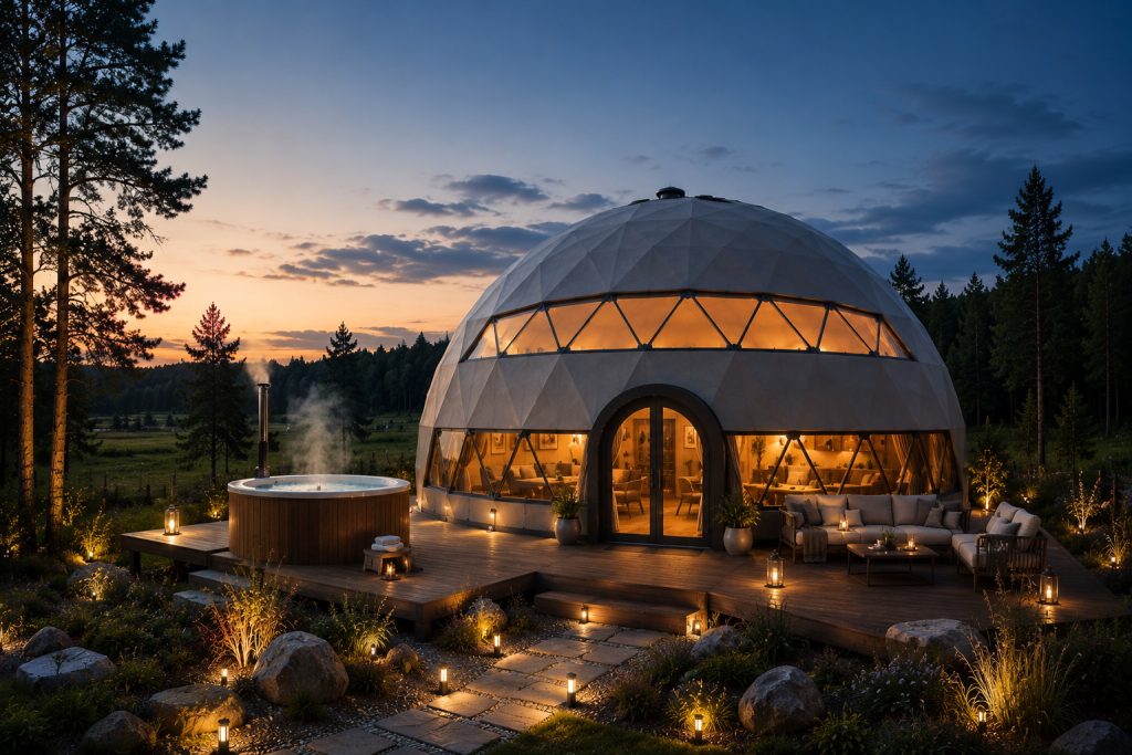 78m2 GLAMPING VERSLUI Ø10m H5m | APŠILTINTAS