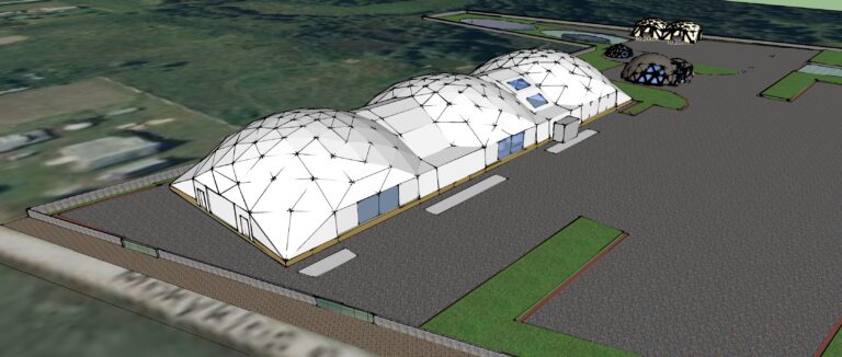 2700m2 Žuvininkystės Kupolinė Stoginė 90x30x7m | Gamybos Cecho Glamping Kupolai